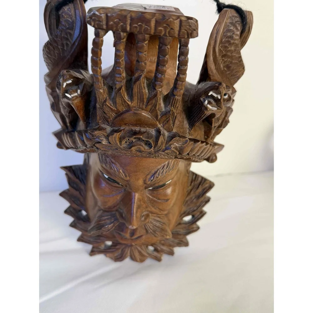 Vintage Chinese Asian Wooden Intricate Carved Decorative Mask With Dragons